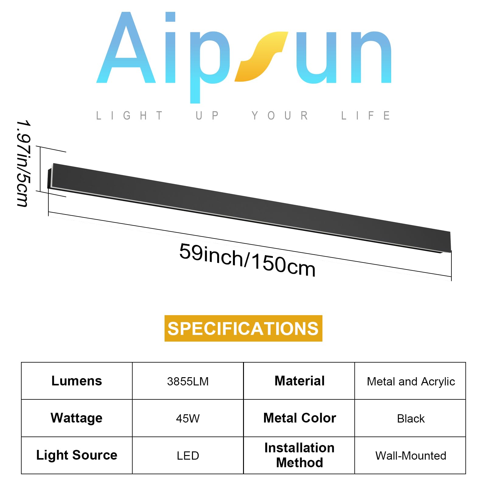 Aipsun Porch Wall Lights 59Inch Long Strip Modern Led Outdoor Wall Light Fixture, 1 Pack Black Wall Mount Lighting Sconce Exteri