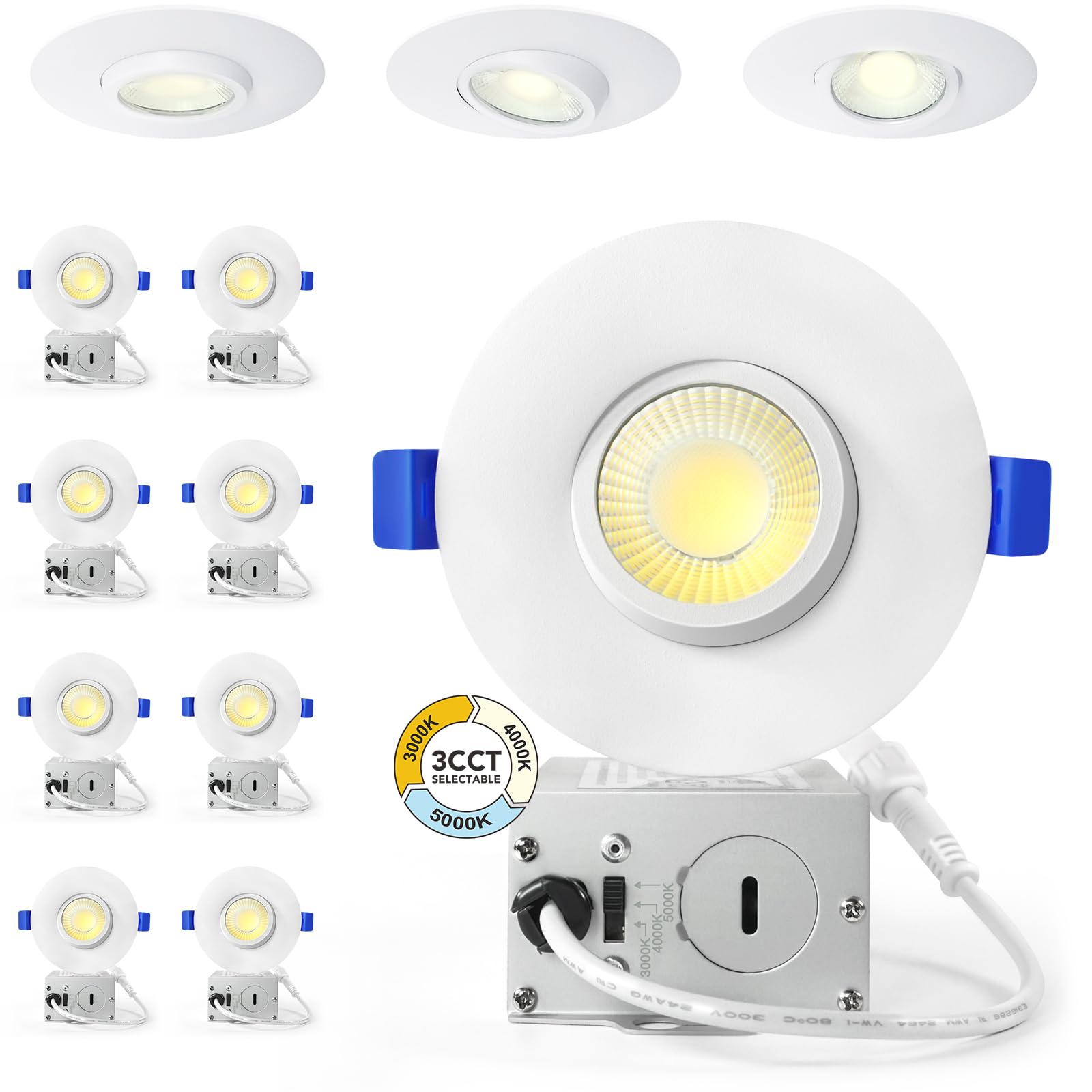 LTpro 3 Inch Gimbal LED Recessed Lights, Dimmable 10W, 5CCT 2700K-6000K, Waterproof, IC Rated, 8 Pack