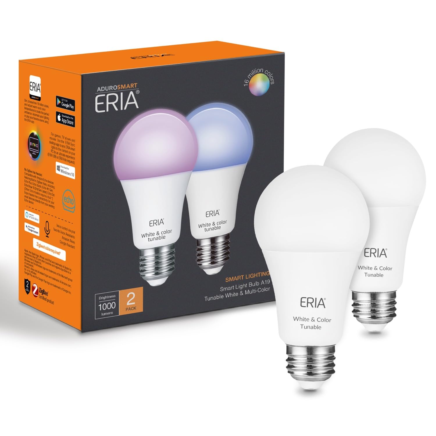 Eria Smart Light Bulbs, A19 Zigbee,Colors And White 75W Equivalent Dimmable Cri 90+, Works, Hue*, Ha, Smart Things, Alexa, Googl