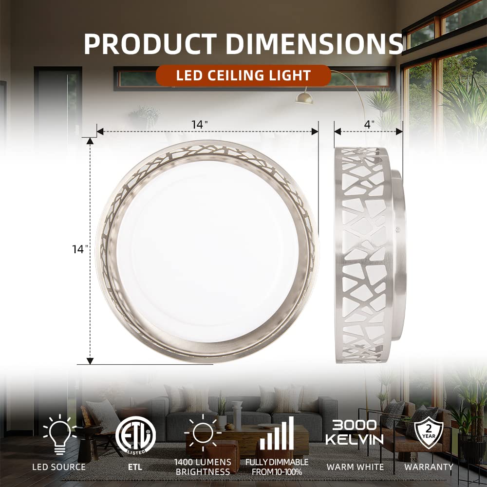 VICNIE 14" LED Ceiling Light Fixtures 2 Pack, 20W 1400 Lumens, Dimmable 3000K Warm White, Brushed Nickel, ETL Listed