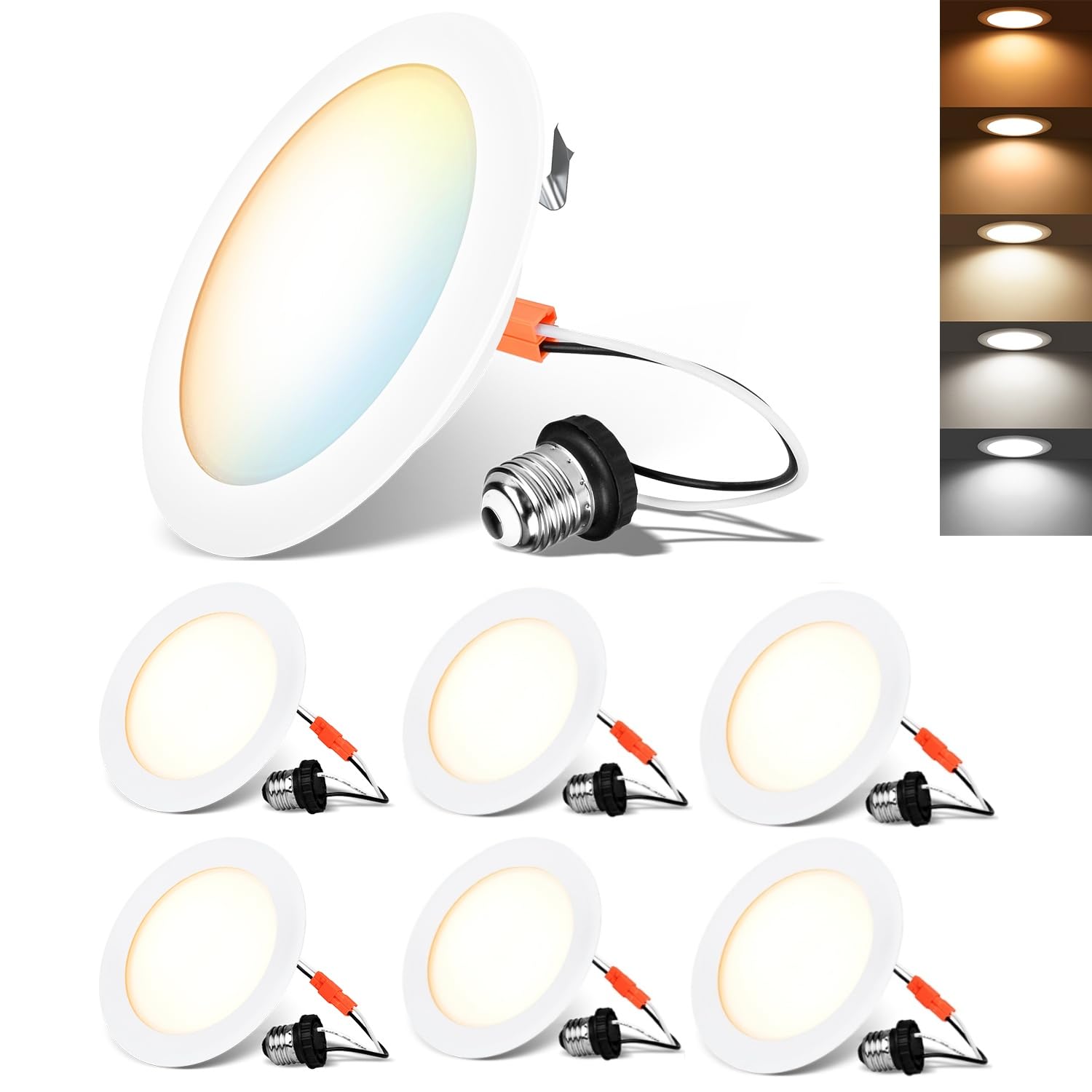 LVWIT LED Recessed Light 4" Dimmable Downlight 7W 5CCT Color Selectable, E26 Conversion Kit, 6 Pack, White