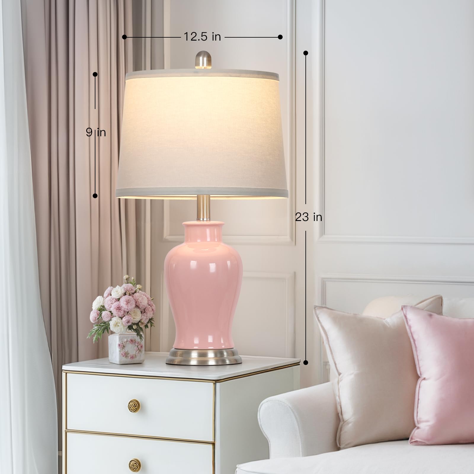 23'' Ceramic Table Lamps Set Of 2, Modern Ceramic Lamps For Living Room, Cute Bedside Lamps With Ginger Jar Design, Elegant Bedr
