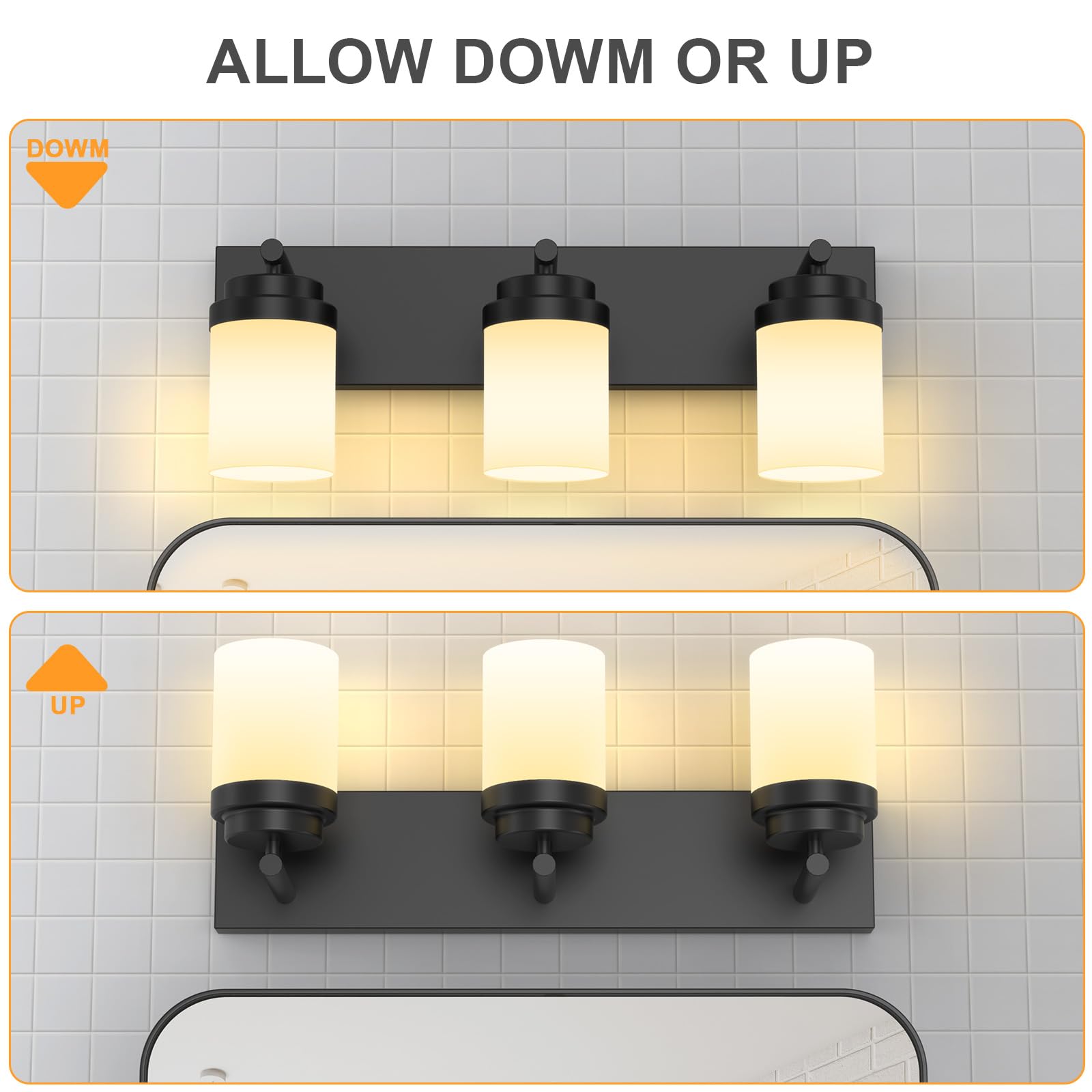 LKHF Bathroom Vanity Light, 3-Light Matte Black Fixture, Clear Glass Shade, Model SPU143T, 22in Base Plate