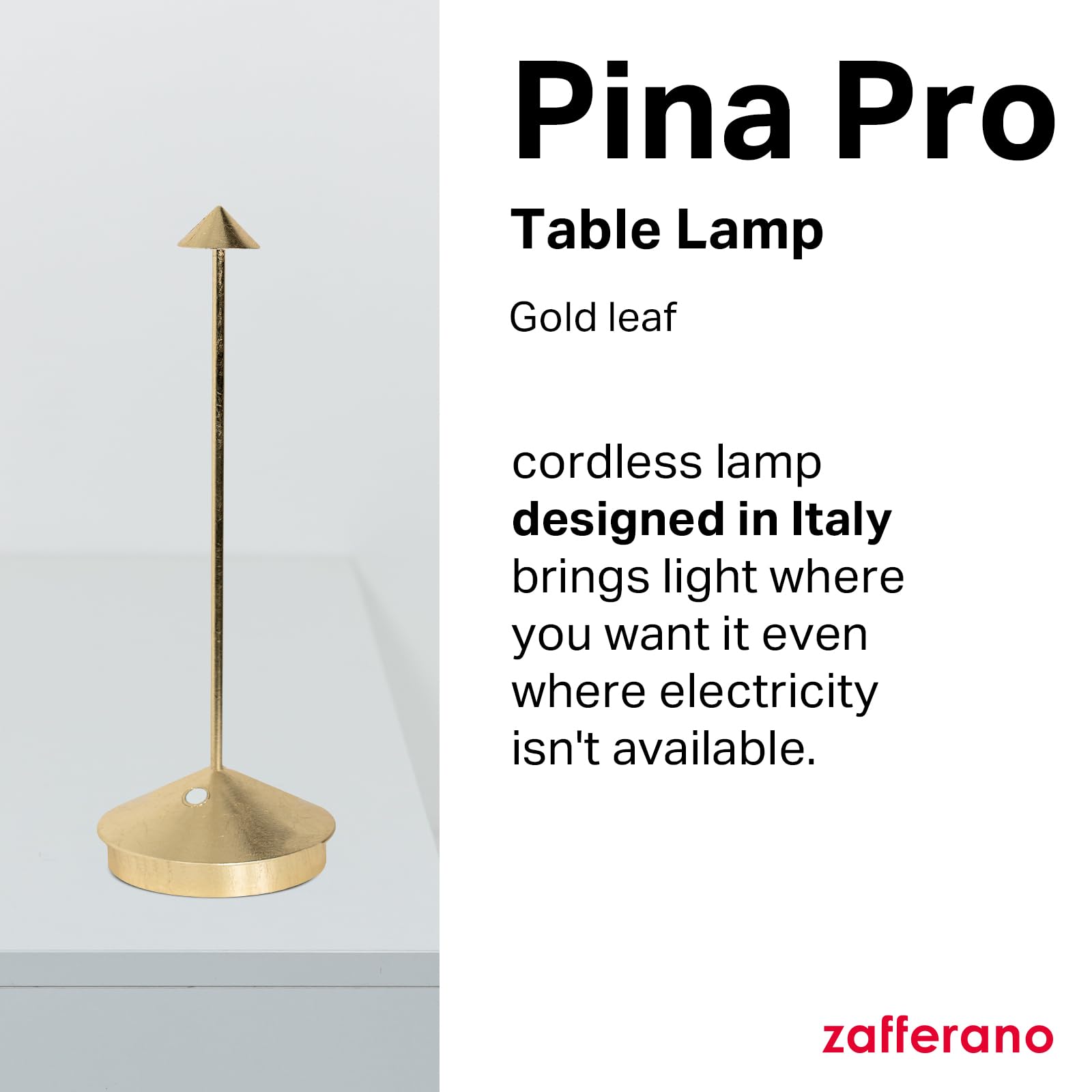 Zafferano, Pina Pro Lamp With Gold Leaf, Rechargeable Cordless Table Lamp With Touch Controls, Usable As An Indoor Lamp, Dimmer,