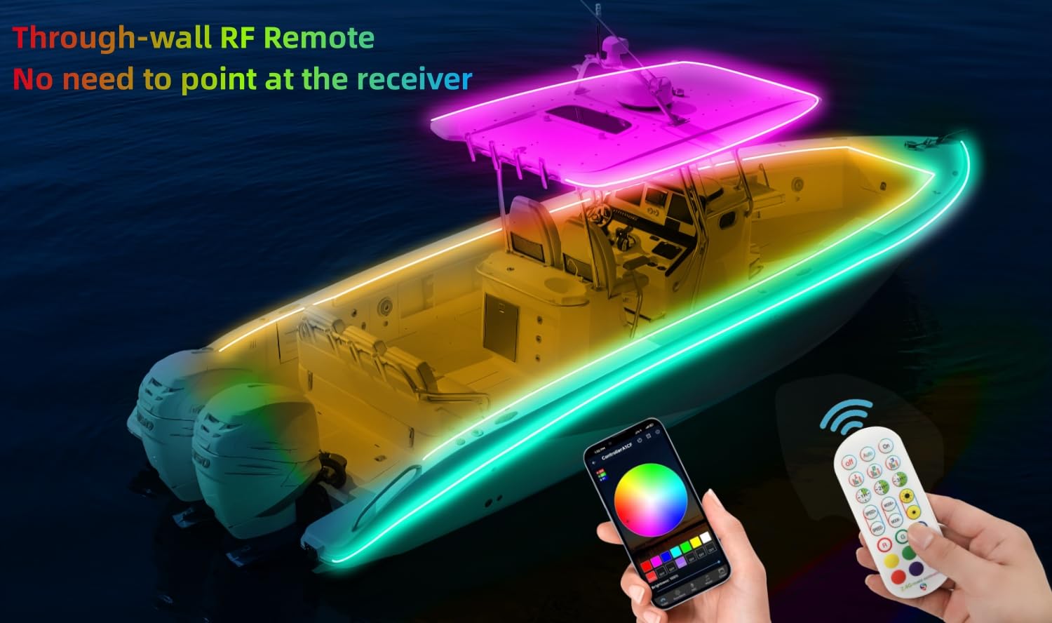 ROLiGHTiC LED Boat Lights 65.6FT RGB Waterproof Strip with APP & RF Remote Control for Pontoon, Bass, Fishing Boat, Yacht