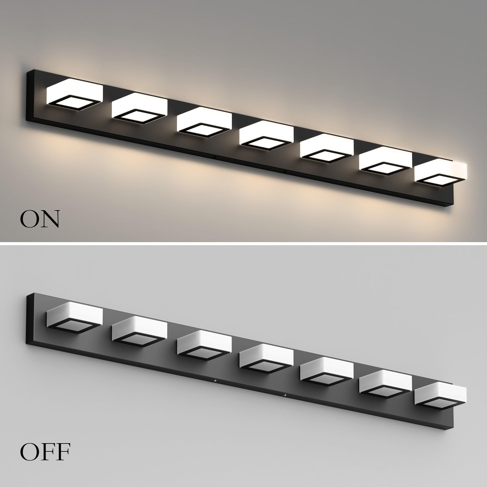 Ralbay 46 Led Vanity Lights, 7 Lights, Matte Black Metal, Natural White Light 4500K, Modern Bathroom Fixture