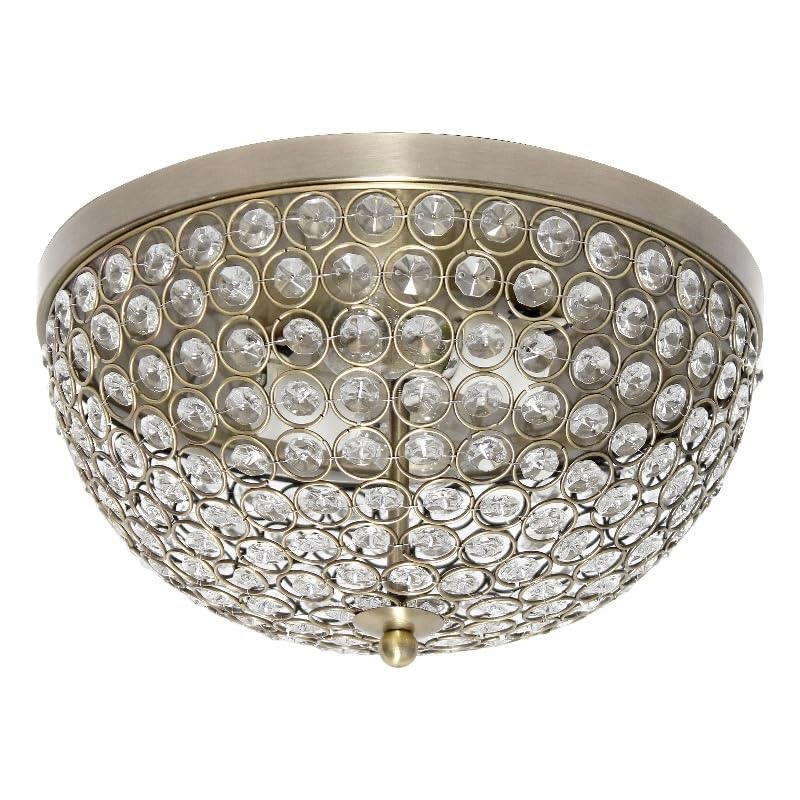 All The Rages 2-Light Dome Flush Mount Ceiling Fixture, Crystal, Antique Brass, Model LHM-2000-AB