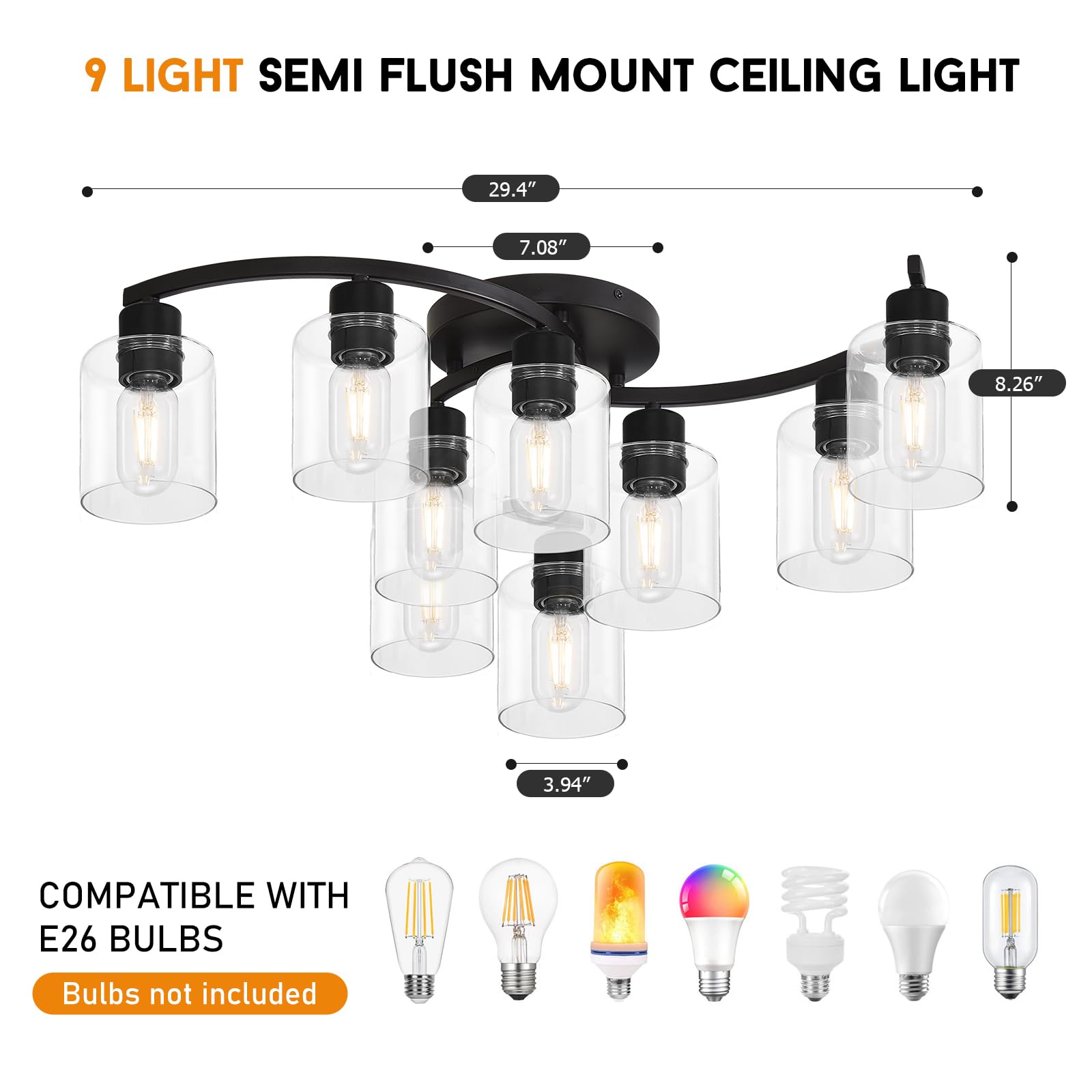 Eatich 9-Light Semi Flush Mount Ceiling Light, Matte Black Ceiling Light Fixture, Farmhouse Dining Room Light Fixture With Clear Glass Shade, Kitchen Light Fixtures Ceiling Mount For Living Room