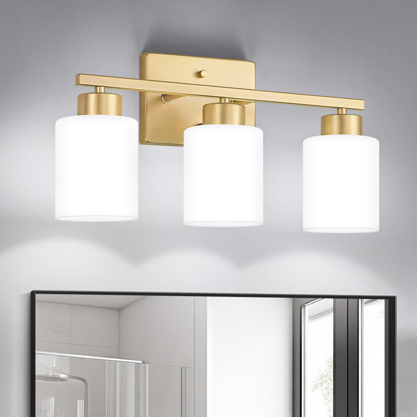 Fonmyim Gold Bathroom Light Fixtures, 3-Light Modern Vanity Light Over Mirror, Wall Sconces With Milky White Frosted Glass Shade