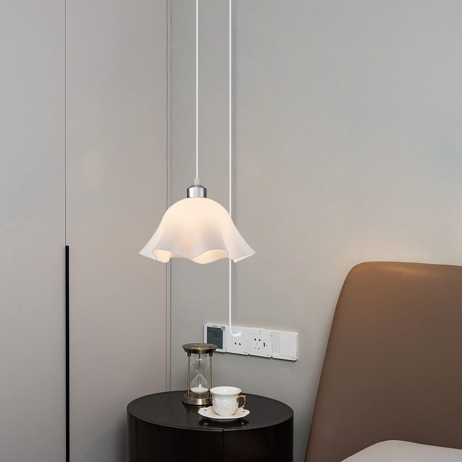 Plug In Pendant Light, 2 Pack Hanging Lights With Plug In Cord, Hanging Lamp With15Ft Cord, On/Off Switch, Frosted Plastic White Shade, Plug In Hanging Ceiling Lights For Bedroom, Living Room