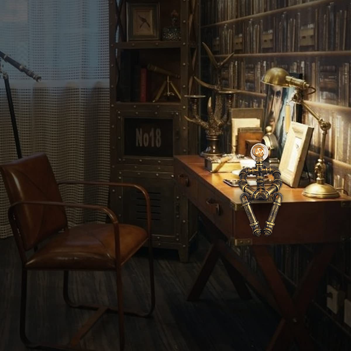 Efinehome Water Pipe Table Lamp Robot Style- Retro Industrial Table Light- Antique Steampunk Metal Desk Lamp Bedside Lighting Fixture For Office, Reading Kids Room, Cafe Bar (Bronze-Style B)