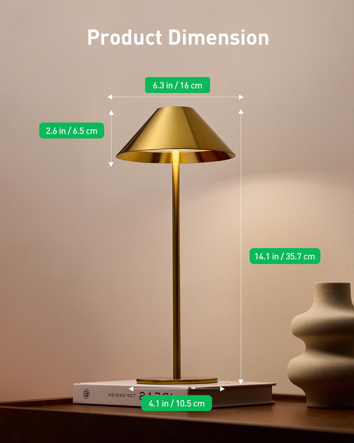 Bojim Gold Cordless Table Lamp - Rechargeable Touch Lamp, 14 Inch, Metal, 3 Color Dimming for Bedroom/Living Room, Model MN-302