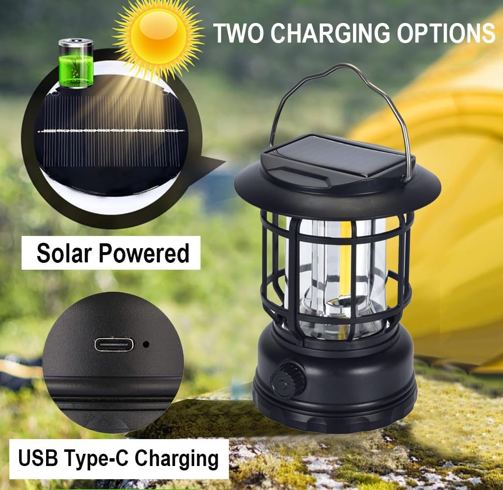 Solar Camping Lantern, USB Rechargeable Retro Dimmable Horse Camp Lamp Outdoor IPX4 Waterproof Vintage Portable Tent Light for I