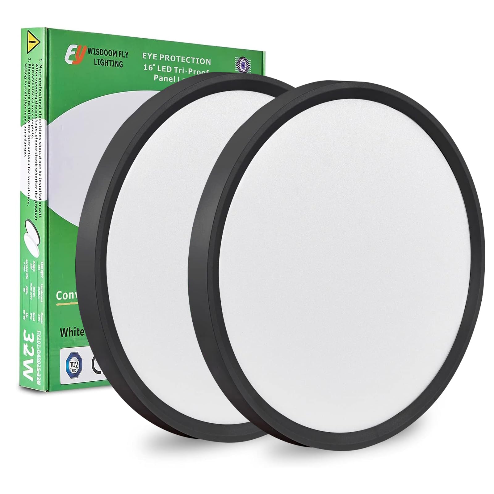 2Pk 15.8 Inch Black Led Flush Mount Ceiling Light, 32W, 3480Lm, 3000K/4000K/6000K Cct Selectable, Round Flat Panel Light Low Pro