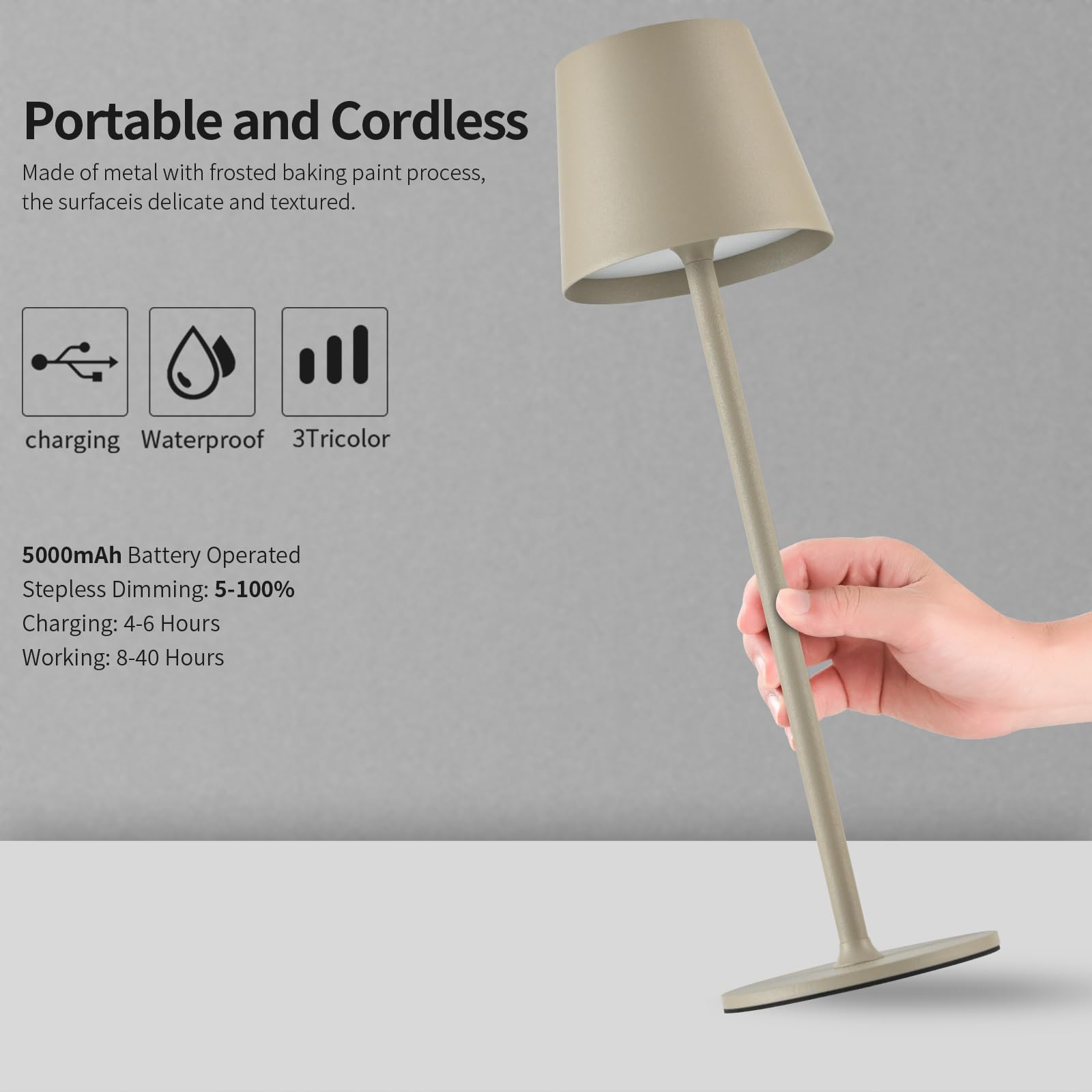 BGFHome Cordless LED Desk Lamp, 5000mAh Rechargeable, Touch Night Light, Minimalist Design, Beige, 2 Pack