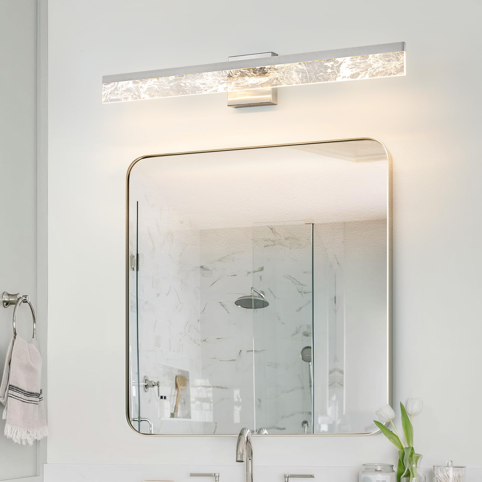 AIJIASI 32 Inch Brushed Nickel Bathroom Vanity Light Fixture, 24W Dimmable LED, Modern Acrylic Over Mirror Lighting, Model 8205WL-32SN-US