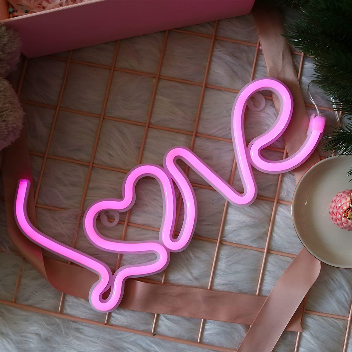 YAOZHOU Neon Sign Heart Love Letter Lights, Pink LED Decor, Battery/USB Operated, Small, Ideal for Home, Kids Room, Party, Wedding