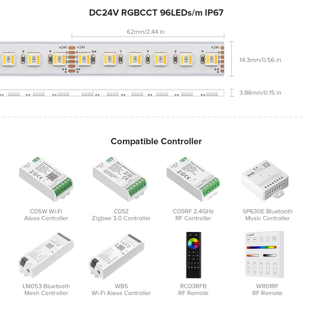 Btf-Lighting Rgbcct 5 Colors In 1 Led Tape Lights 5050Smd Rgbww Rgb+Dimmable Color Temperature 2700K-6500K 16.4Ft 96Led/M 480Led Ip67 Dc24V White Pcb For Home Decoration(No Adapter Or Controller)