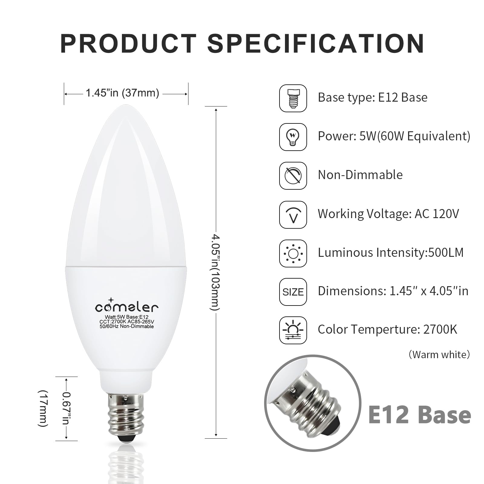 Comzler Led Candelabra Bulb, Ceiling Fan Light Bulbs, E12 Led Bulb, 5 Watt 60 Watt Equivalent, Soft White 2700K Led Chandelier L