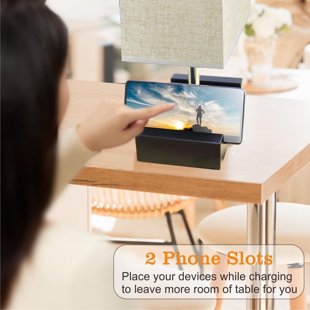 Lifeholder Bedside Lamp, Usb & Type-C Ports, Iron Material, Touch Linen Fabric, Model Lh-T23-F, Warm White Bulb Included