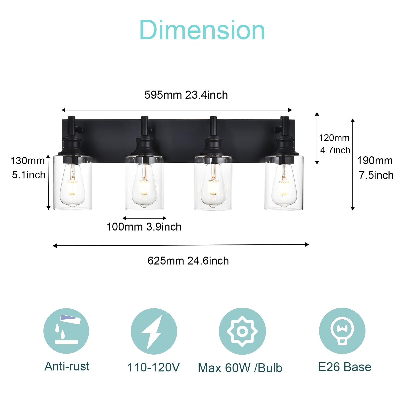 Wanluce 4 Light Bathroom Vanity Lights, Black Iron Fixture with Clear Glass Shades, Model 16-16111-4W-BL