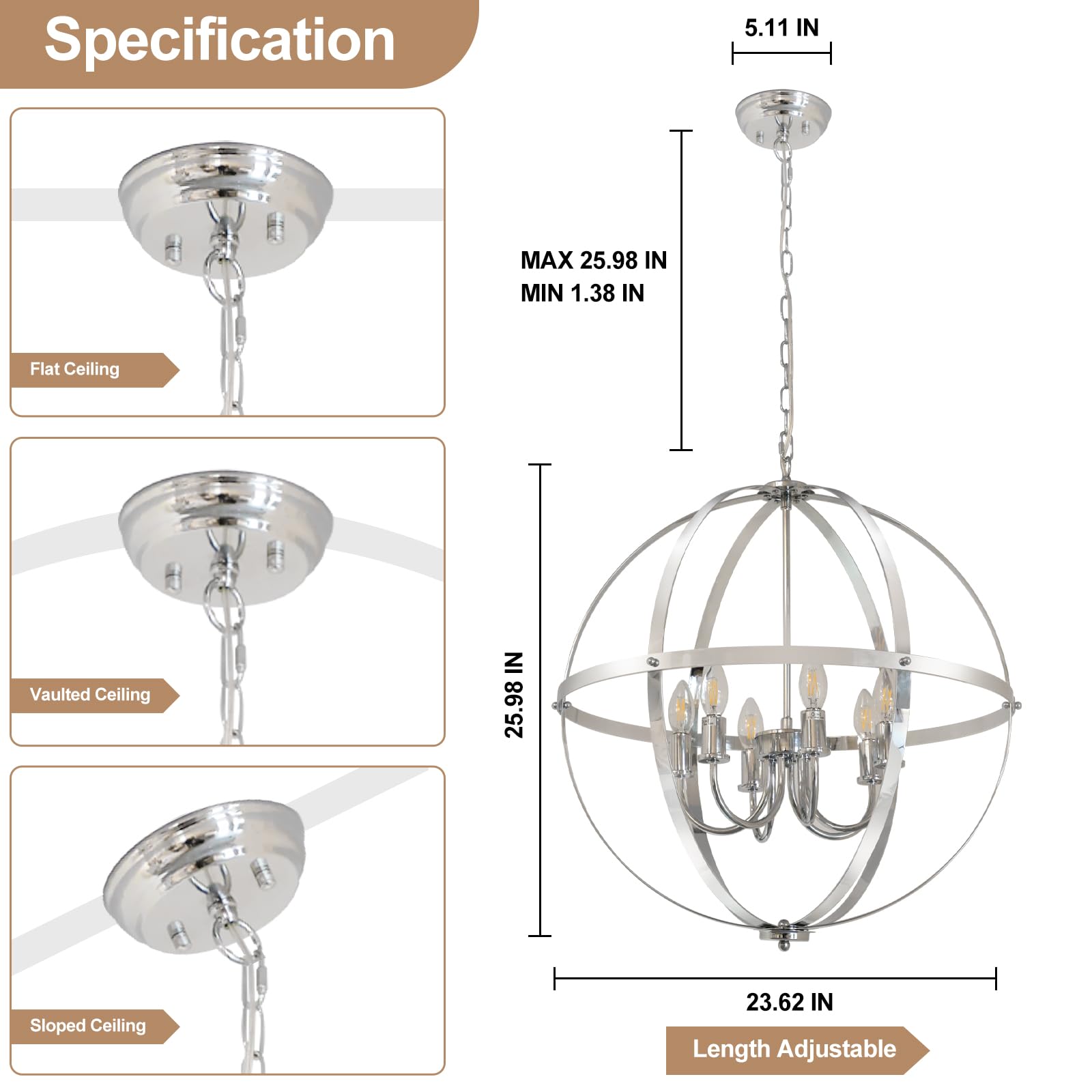 DINGLILIGHTING 6-Light Globe Pendant Light, Chrome Metal, Industrial Design, Model WS-FND5-40B-L