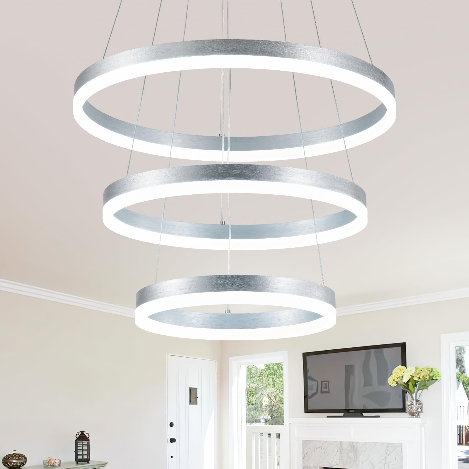 Buccleuch Dimmable 3-Ring LED Chandelier, Height Adjustable Modern Silver Pendant Light, Circular Flush Mount High Acrylic Ceili