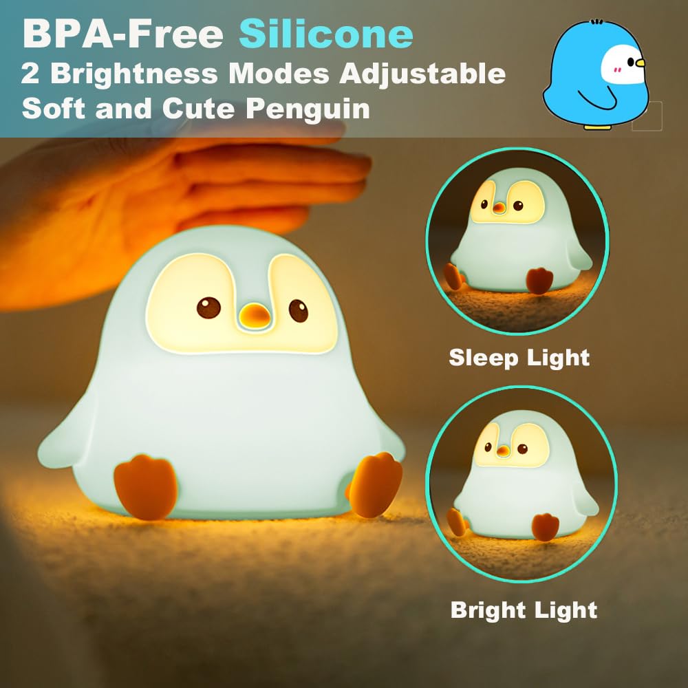 KangTen CHEN Cute Penguin Night Light, USB Rechargeable Silicone Lamp for Kids, Blue, Model DS-PG-02