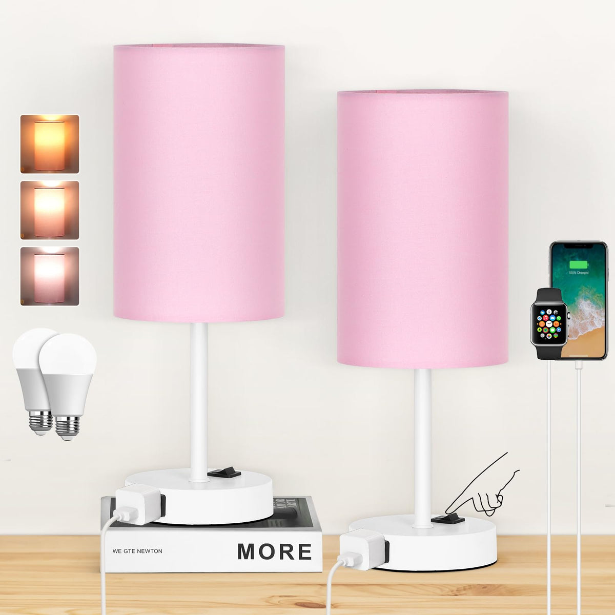 ZJOJO Table Lamp for Bedroom Set of 2, Bedside Small Lamps with 3 Way ...