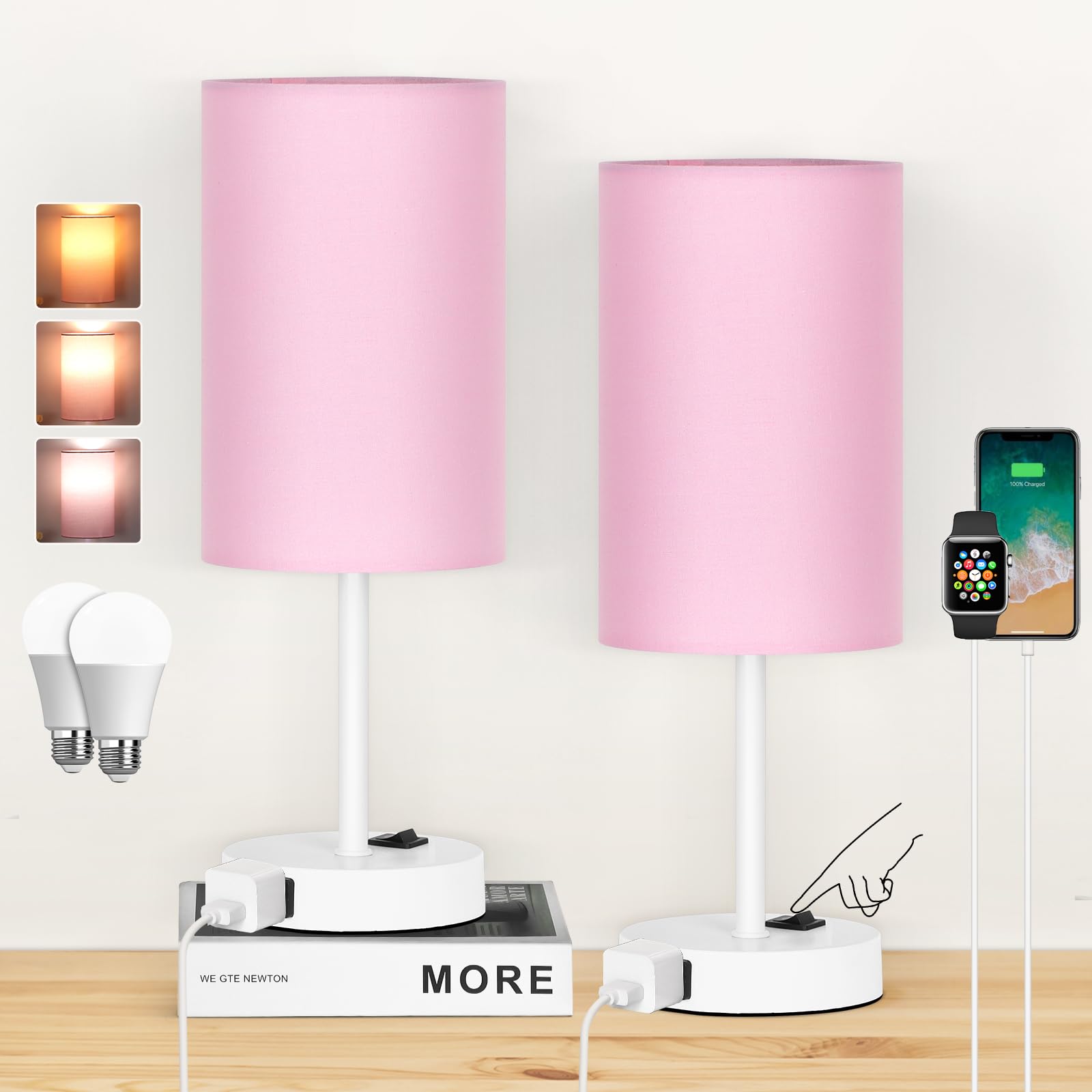 ZJOJO Table Lamp for Bedroom Set of 2, Bedside Small Lamps with 3 Way Dimmable Rocker Switch and AC Outlet, Nightstand Desk Lamp with Pink Fabric Shade White Base for Living Room Home Decor Lights