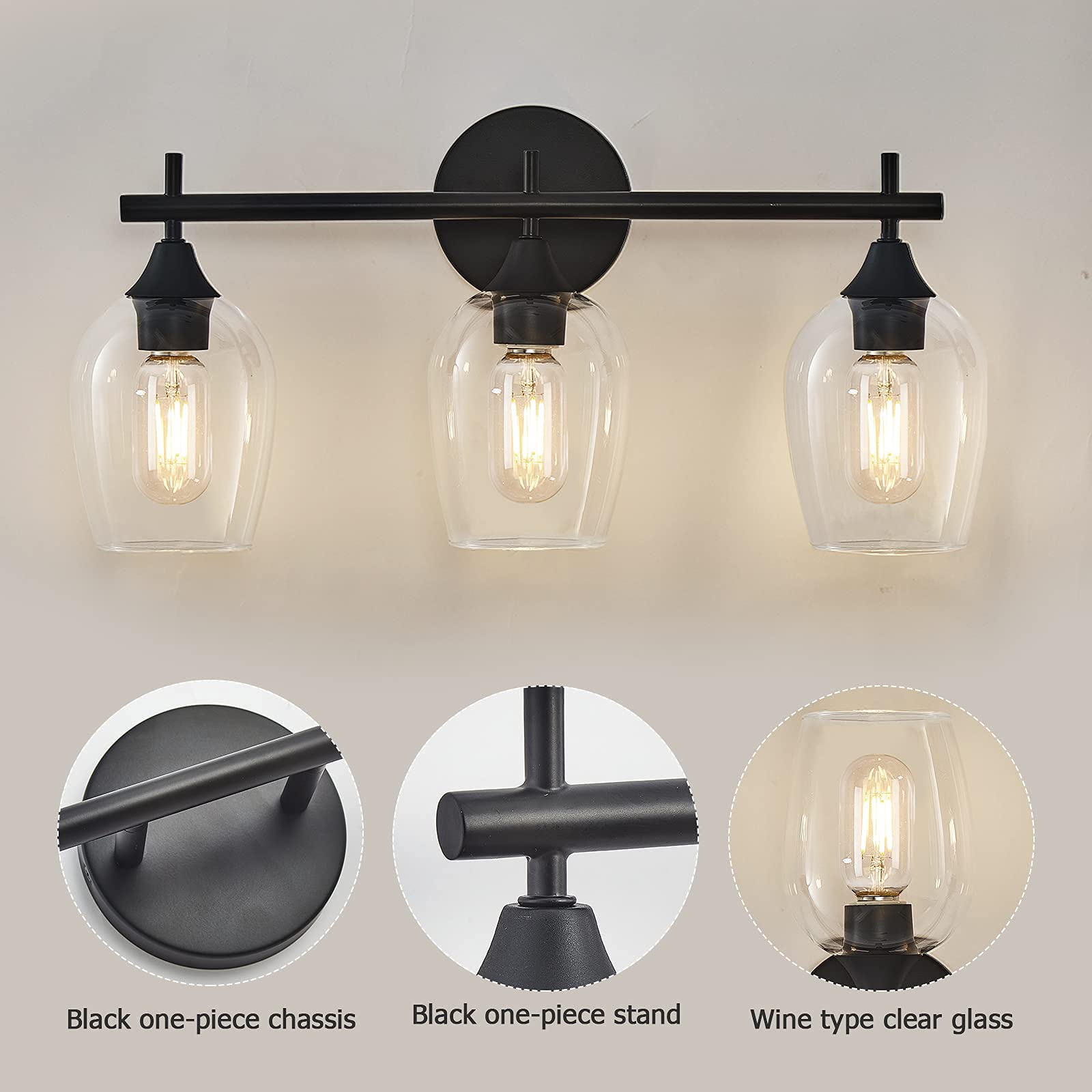 XGFOURSEVEN 3-Light Black Bathroom Lighting Fixture, Vintage Vanity Light with Clear Glass Shade,Modern Wall Lamp for Bedroom Ha