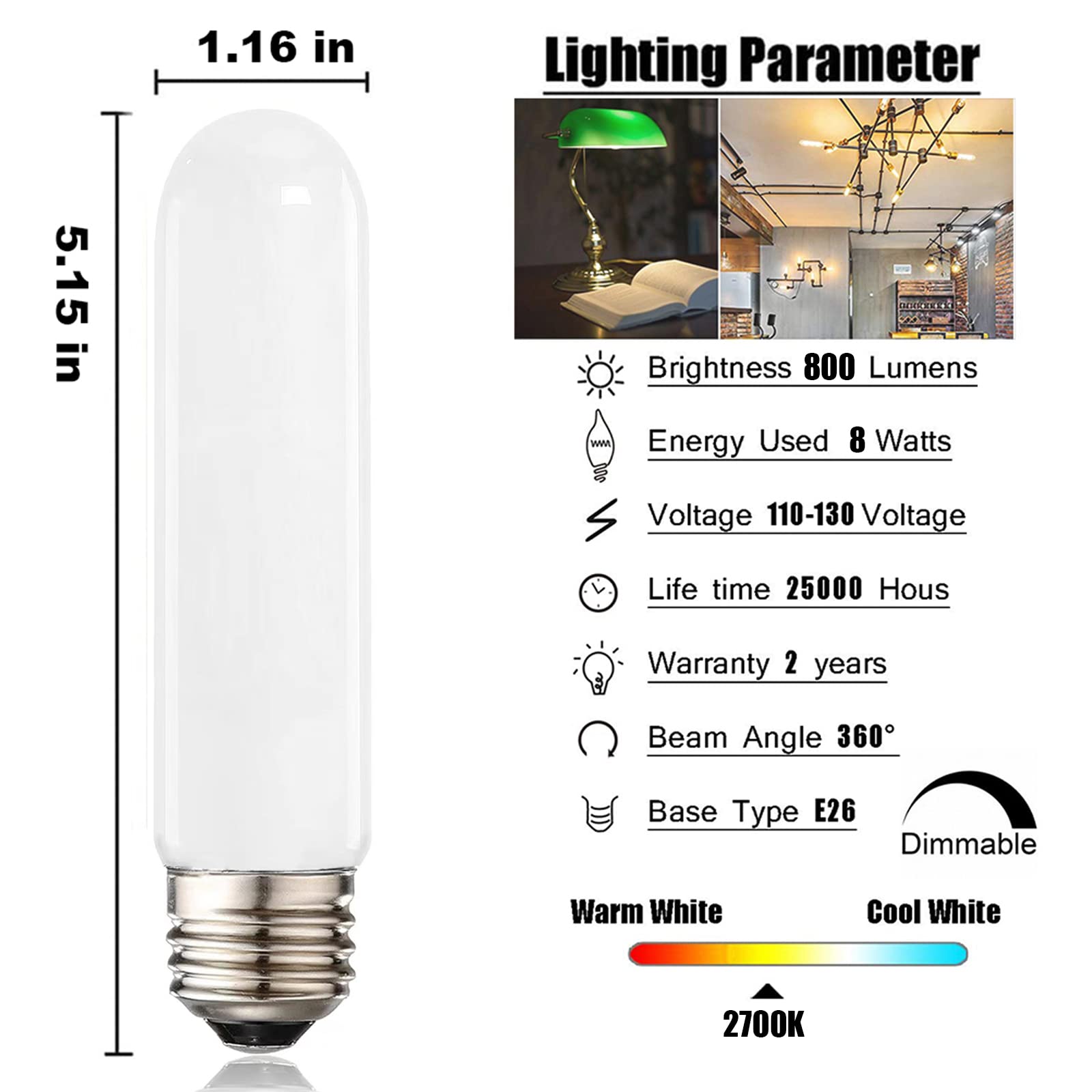XININSUN T10 LED Bulbs, Dimmable 8W, 4000K Daylight White, E26 Base, Milk White, 6-Pack