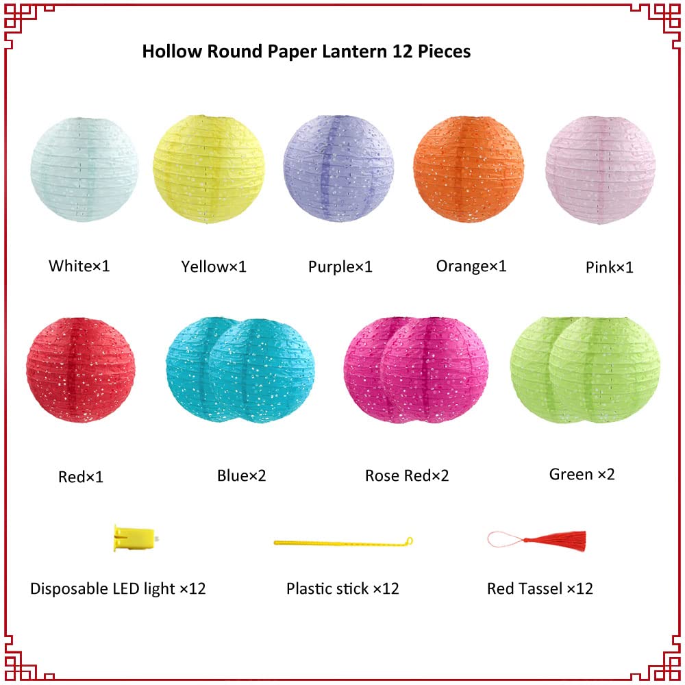 12 Pieces Chinese Paper Lanterns Multicolor Hanging Hollow Out Lanterns 8 Inch Asia Japanese Lantern Lamps For Home Outdoor Classroom Decorations (Round With Led-Colorful)