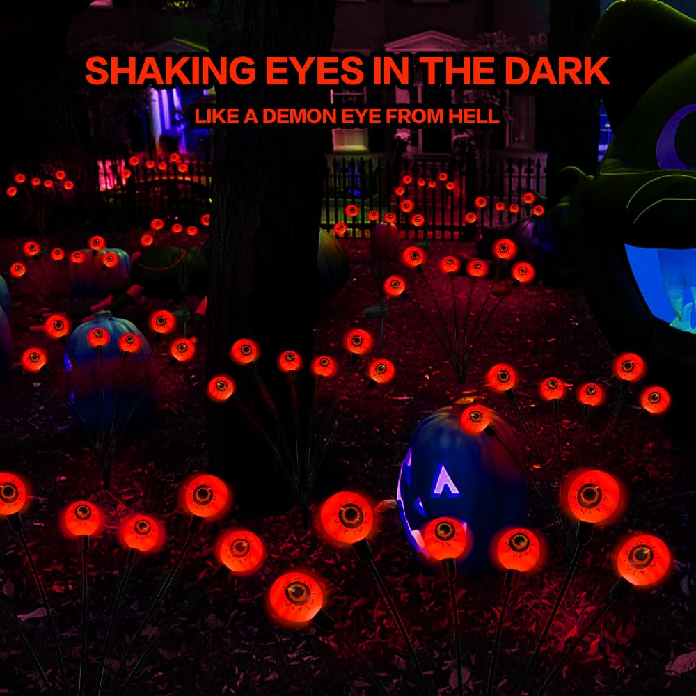 Behiller Solar Halloween Decorations - 12Led Scary Eyeballs Firefly Lights, Orange, 2Pack
