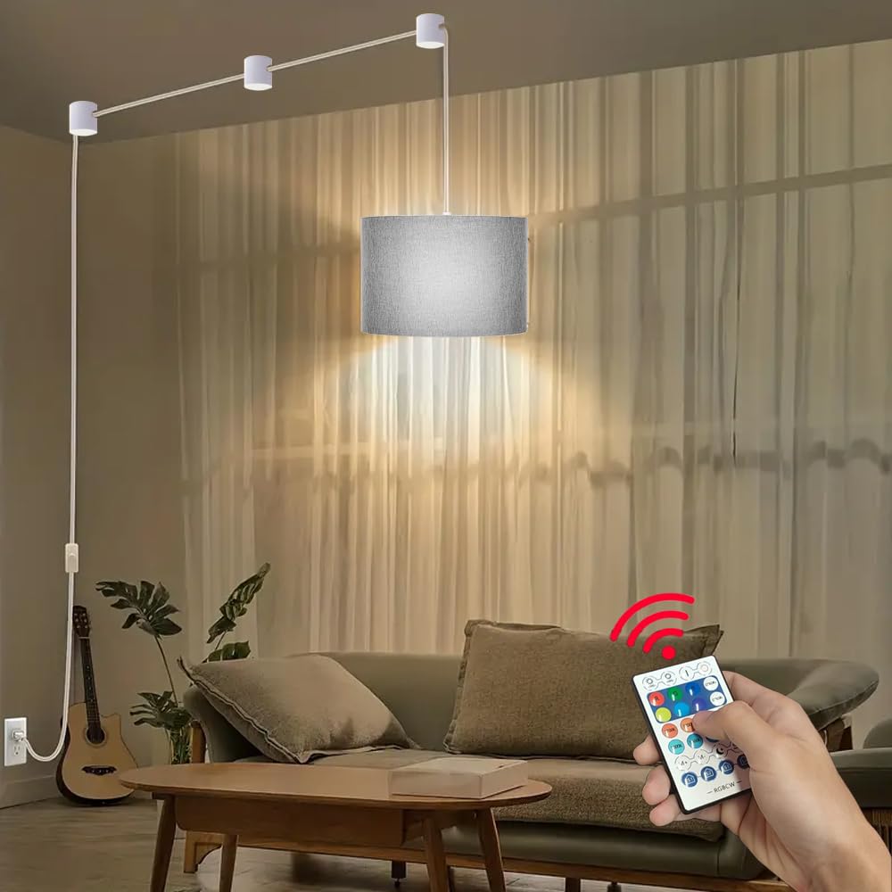 ZSLAIFU 15FT Plug-in Pendant Light with Switch, Remote Control, Grey x2, Model PL001, Plastic Material