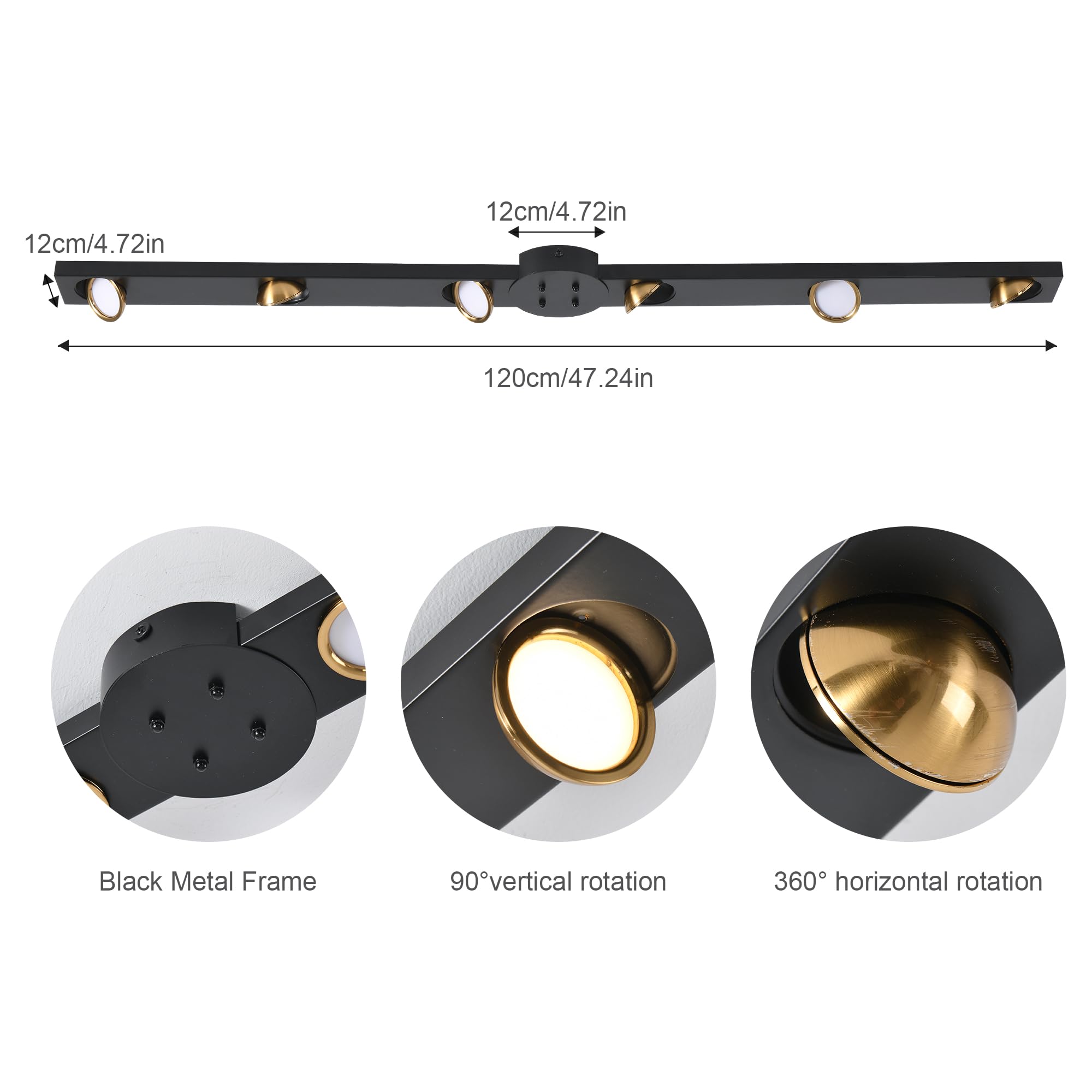 Garwarm Modern 47" Dimmable LED Ceiling Light Fixture, 6-Light Track Chandelier, Black Iron for Kitchen & Dining Room, Model TT-JD1601B