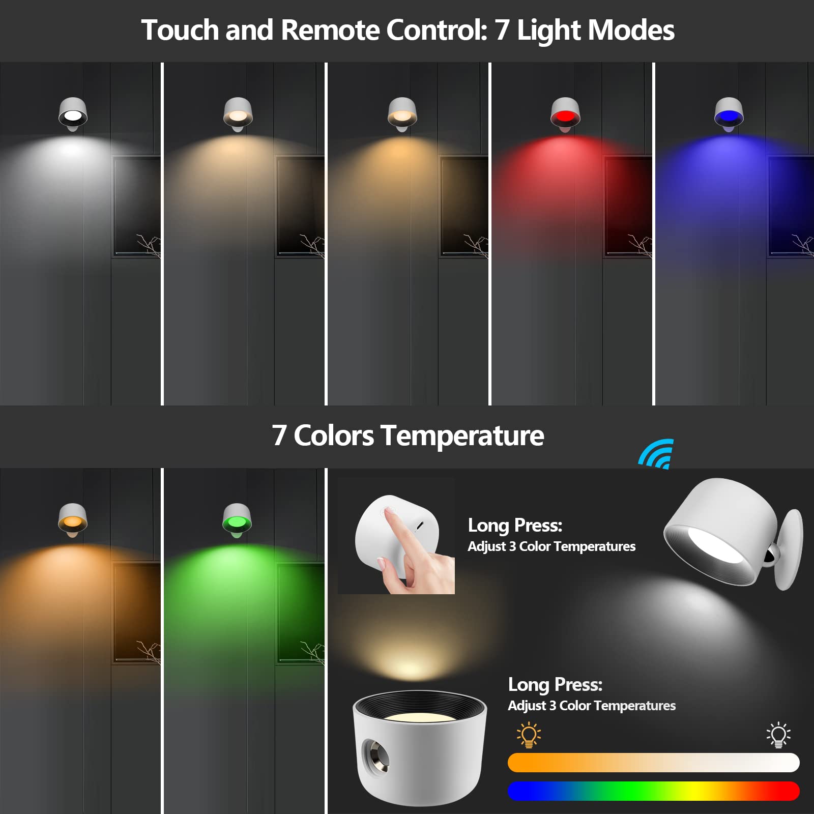 Amouhom LED Wall Sconce with Remote Touch Control Wall Mounted Night Light 5 Brightness Levels &7 Colors with 2500 mAh Battery 3