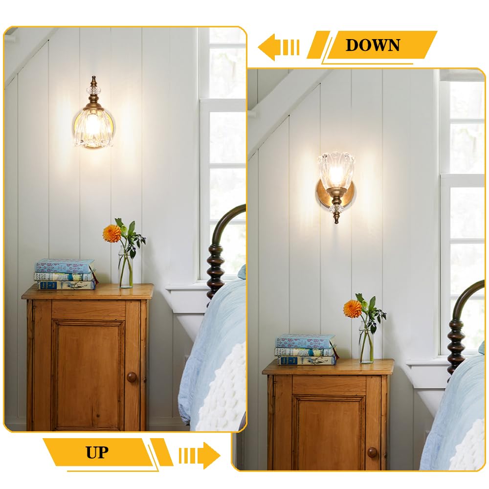 Ditoon Vintage Brass Wall Sconces Set of Two, G9 Bulbs, Glass, 1 Light, Brushed Gold, Model DX230004V1