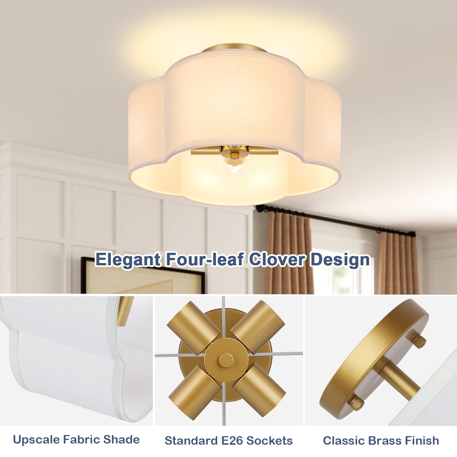 Beslowe 4-Light Gold Semi Flush Mount Ceiling Light, White Fabric Shade For Bedroom & Hallway