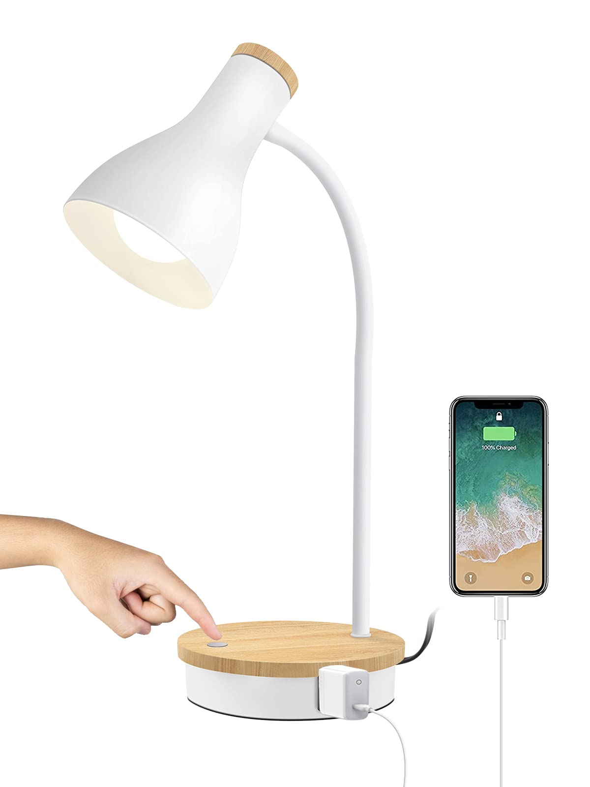 LALISU Metal Desk Lamp - 3-Way Dimmable Touch Light with USB Ports, White-02, Model LALISULALITB004