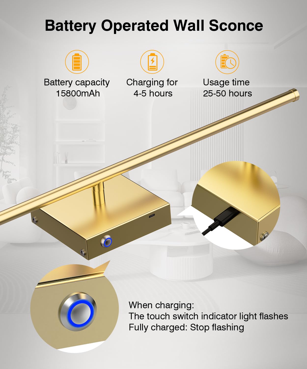 CASGAL Wall Sconce Set of Two, Battery Operated, 3000K-6500K LED, 26.6 Inch, Gold, Model 1179-Gold, 350°