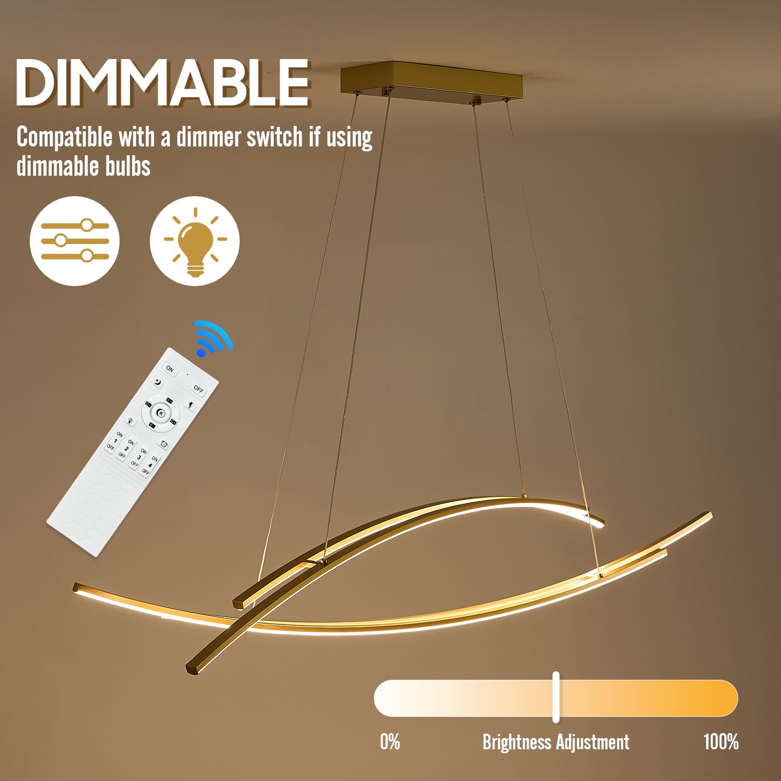 AIRYPHANT 48" LED Chandelier - 4-Light Remote Dimmable Pendant Light for Kitchen Island, Aluminum, Gold, Model P2018