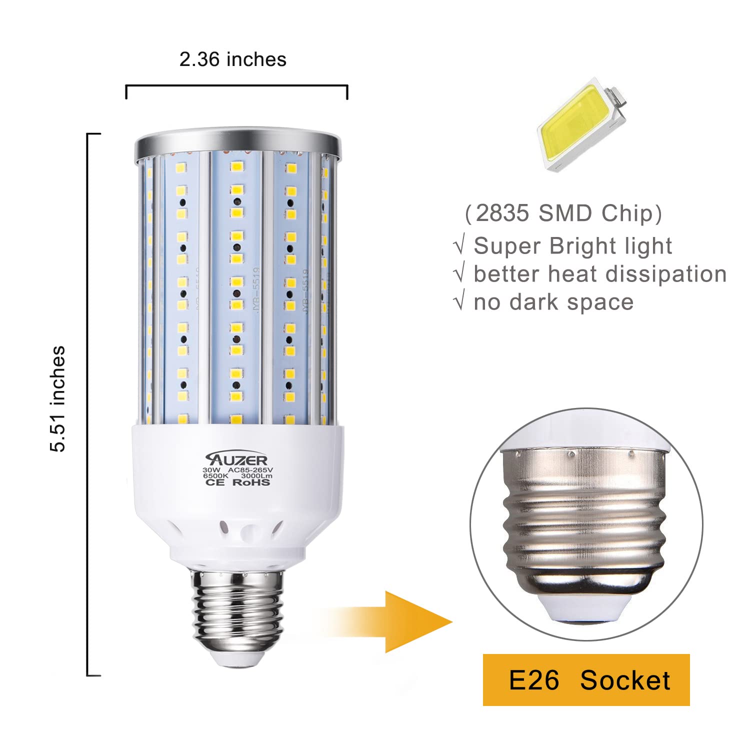 Auzer 2-Pack 30W LED Corn Light Bulb, 200W Equivalent, Cool White, E26 Base, 6500K Daylight, for Garage, Warehouse, Garden