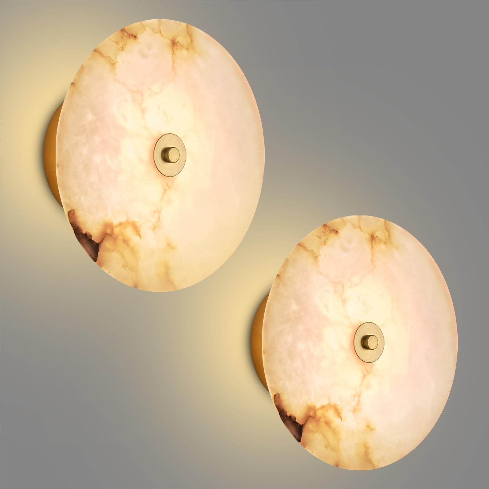 Round Alabaster Wall Sconce Natural White Marble Sconces Set of Two, 3 CCT Adjustable Wall Lamp Decor Home, 8W Hardwired Circula