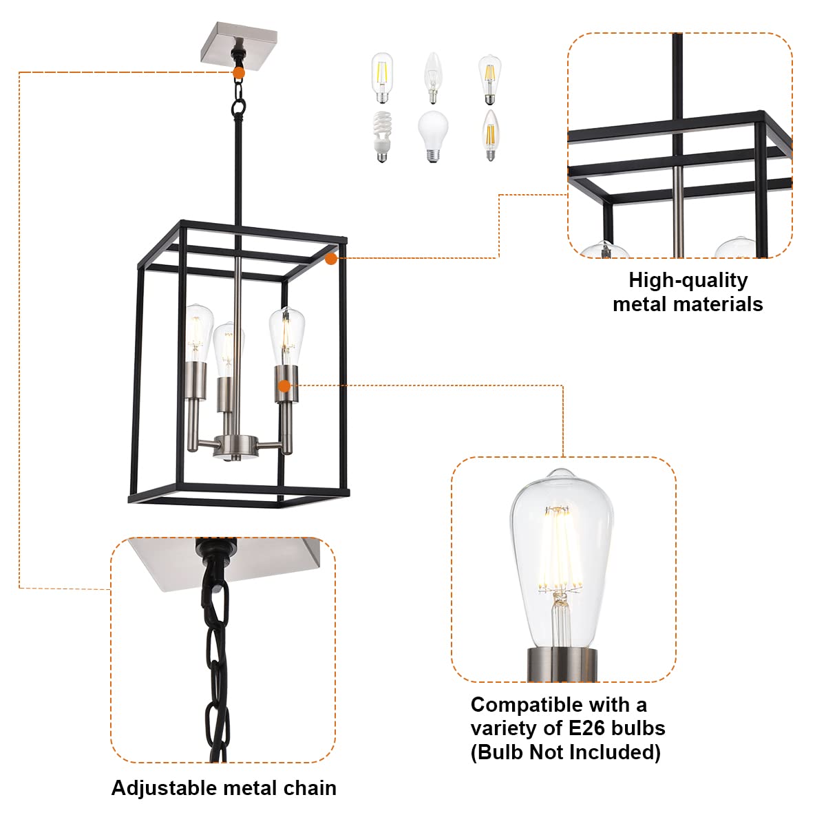 VINLUZ 3 Light Lantern Pendant Lighting, Black & Brushed Nickel, Industrial Chandelier for Kitchen Island, Model 270-3BS