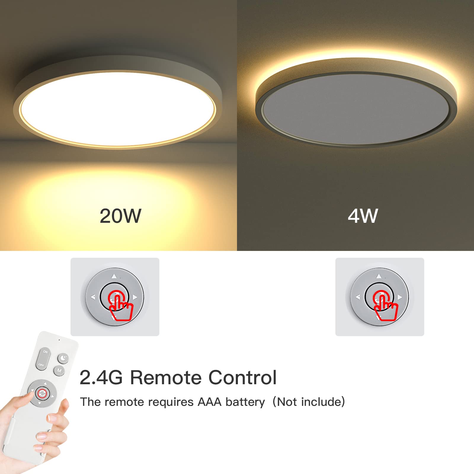 Roomratv Flush Mount Ceiling Light Fixture With Remote Control, Nightlight Warm 3000K, 12Inch 28W Round Panel Light, 3000K-6500K