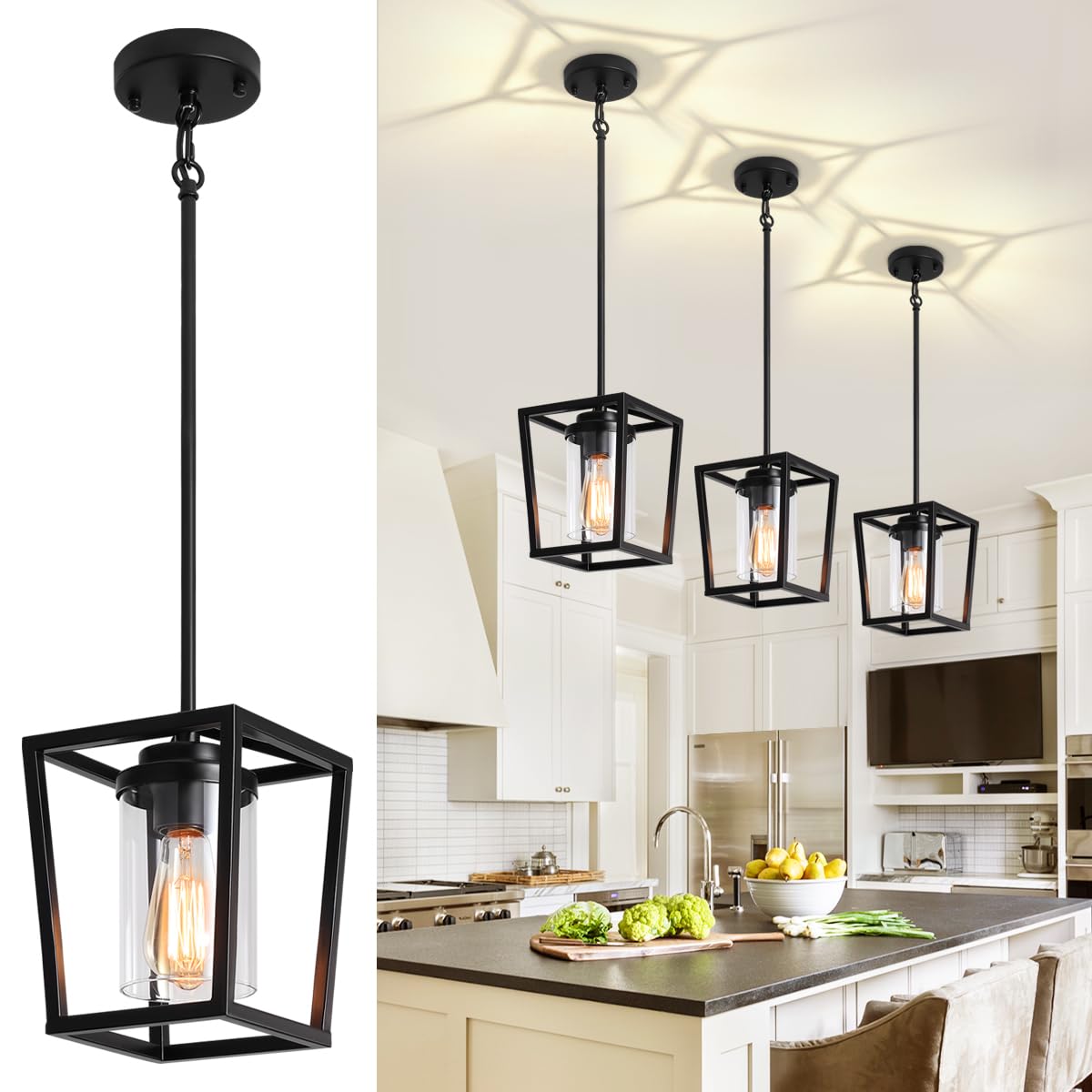 ZSMIHDOH Pendant Lights Kitchen Island Farmhouse Black Pendant Light Fixture  Lantern Hanging Light Fixture Kitchen Chandelier for Dining Room Foyer Hallway Light
