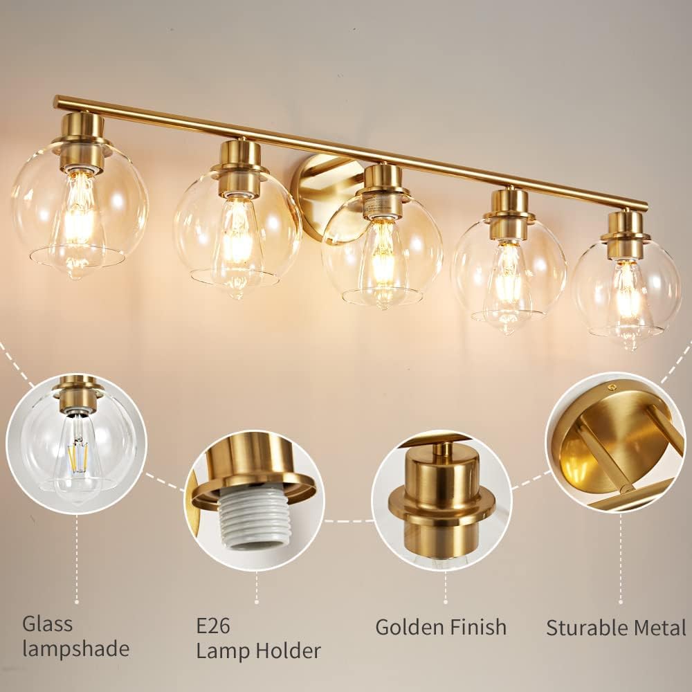 Lanmate Bathroom Light Fixtures Over Mirror 5-Lights Bathroom Vanity Light With Clear Glass Shade 37.5 Inch Modern Wall Sconce G