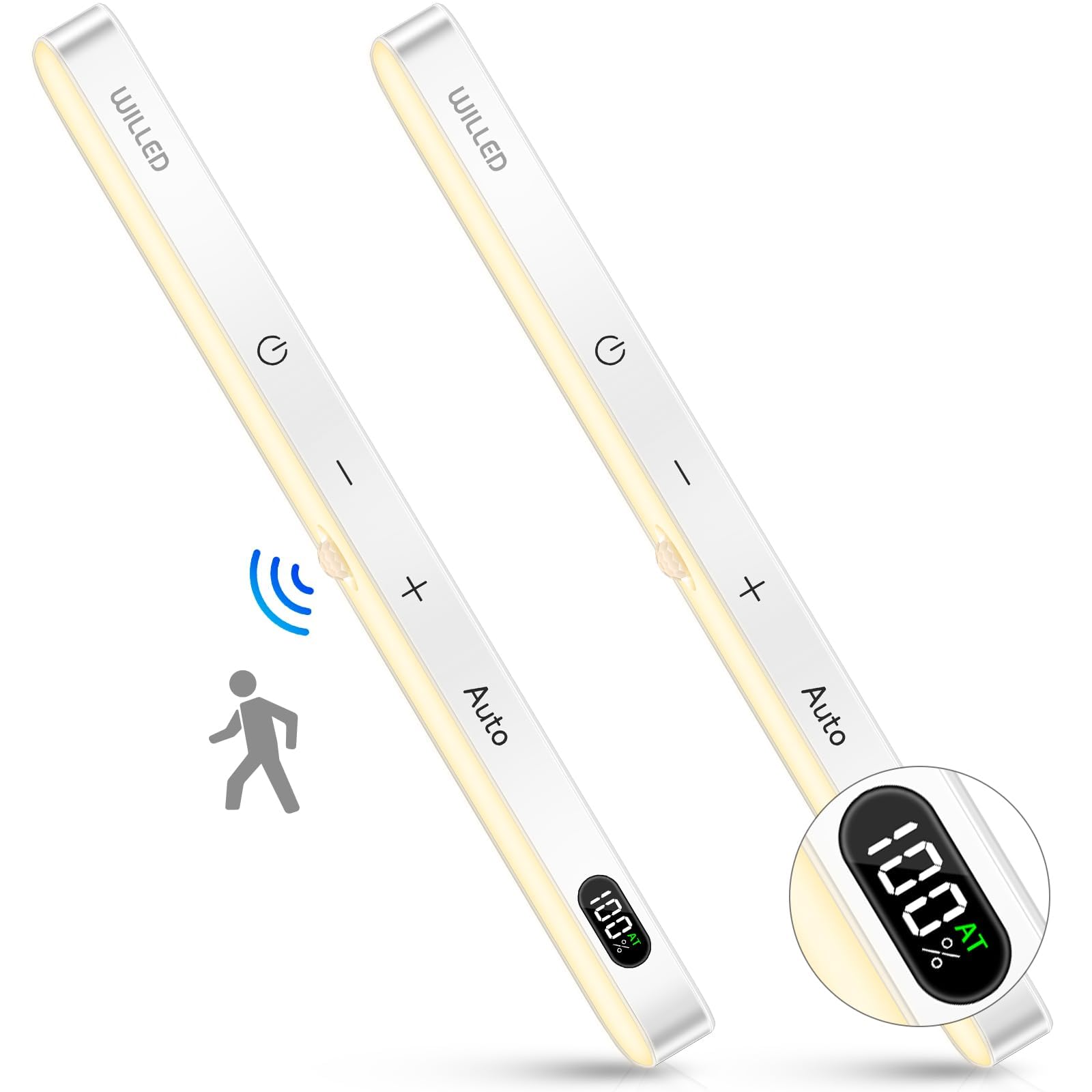 WILLED Motion Sensor Closet Lights, 60 LED Touch Light Bar, Rechargeable, Warm White 3000K, 2 Pack, Model WJP-006