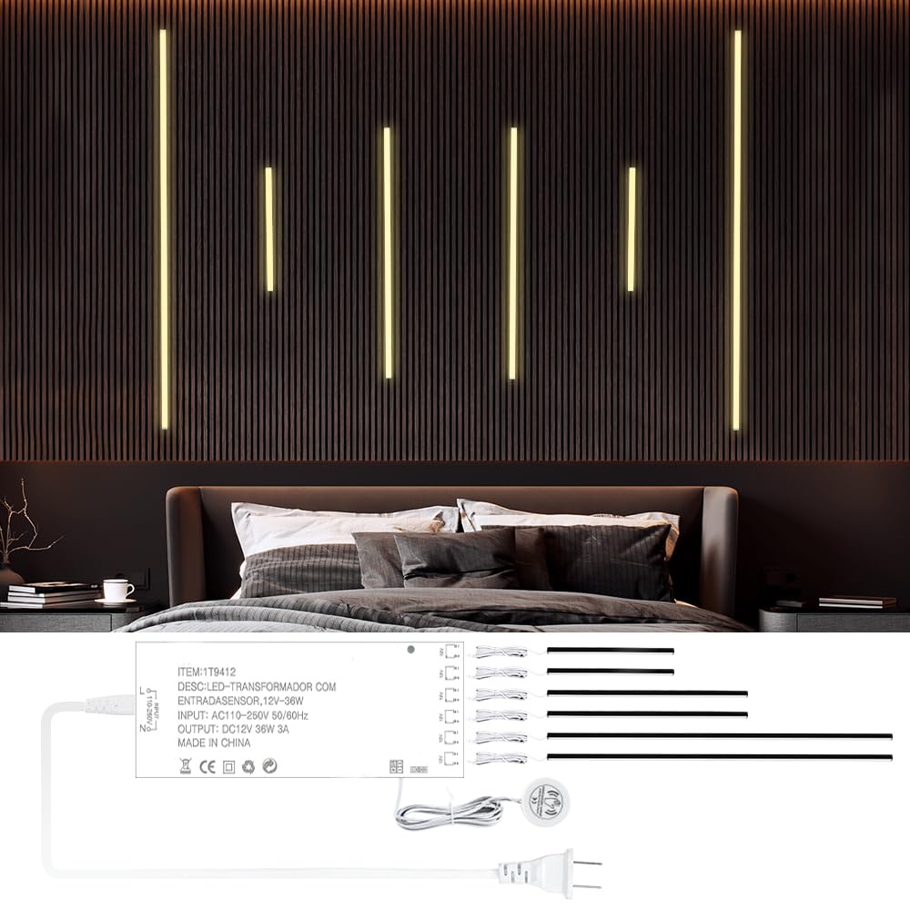 Cubitor Led Recessed Lighting Kit 6 Pack Self-Adhesive Led Light Bar  Warm White 3000K  With Touching Switch  For Wood Slat Wall Panels Indoor Wall Home Decor. Black Channel 2Pcs*(16In+24In+40In)